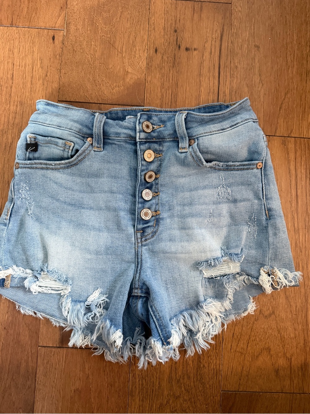 KanCan Light Blue Distressed High-Rise Button-Fly Denim Shorts
